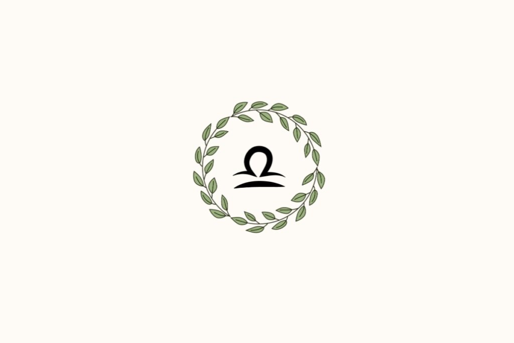 Ilustração de uma coroa de plantas ao redor do signo de libra, sobre fundo amarelo-claro