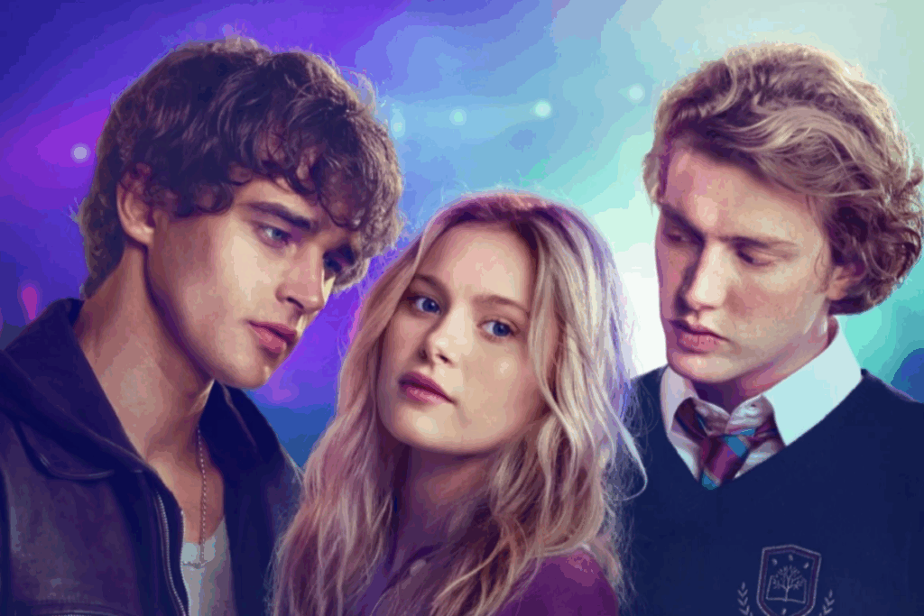 Dois homens e uma mulher loira em triângulo amoroso