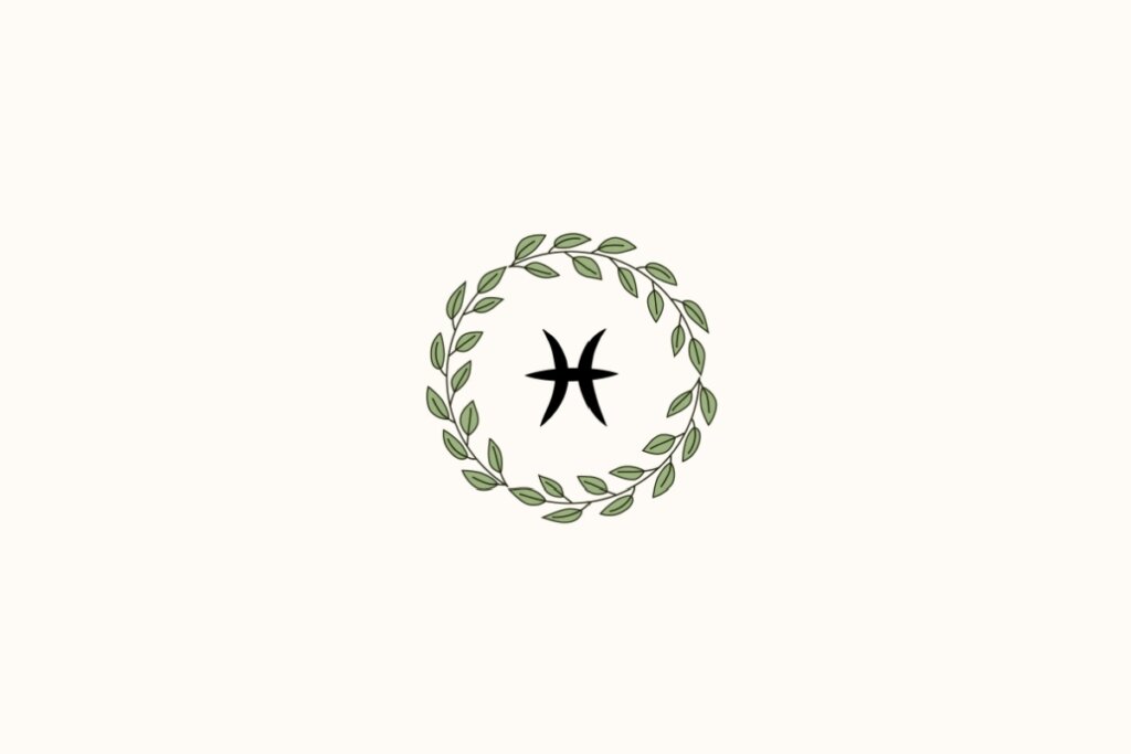 Ilustração de uma coroa de plantas ao redor do signo de Peixes, sobre fundo amarelo-claro