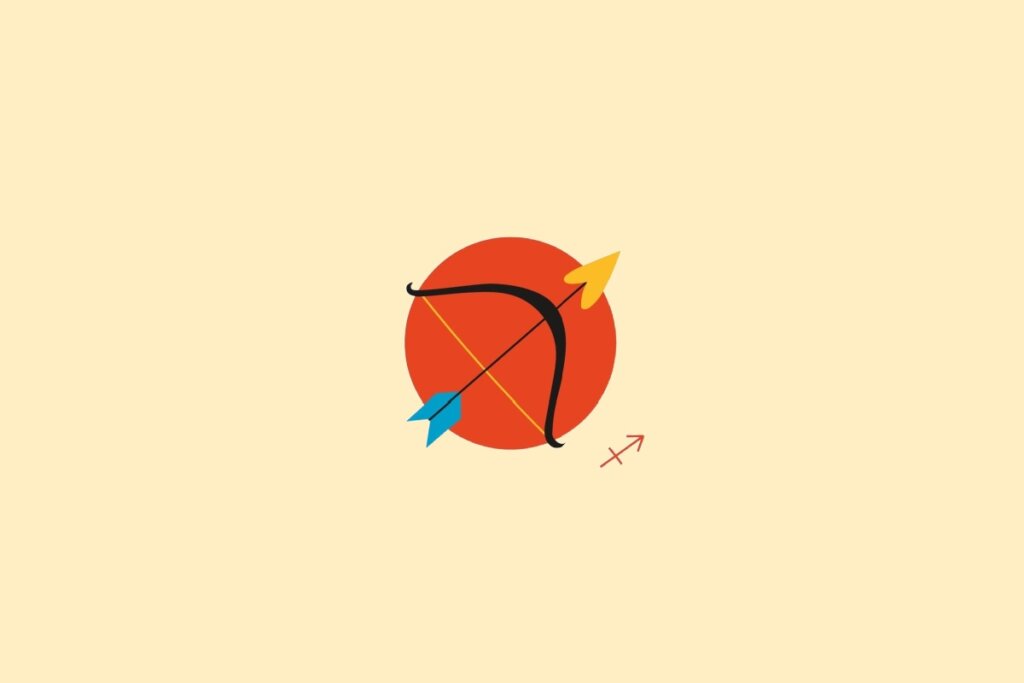 Ilustração de um arco e flecha em um círculo laranja, sobre um fundo amarelo-claro