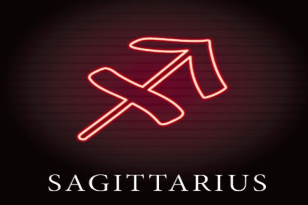 Ilustração do símbolo de sagitário em vermelho néon sobre o nome do signo em inglês