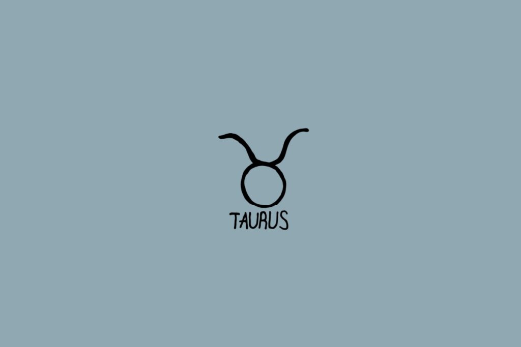Ilustração do signo de touro em um fundo cinza com o nome do signo embaixo
