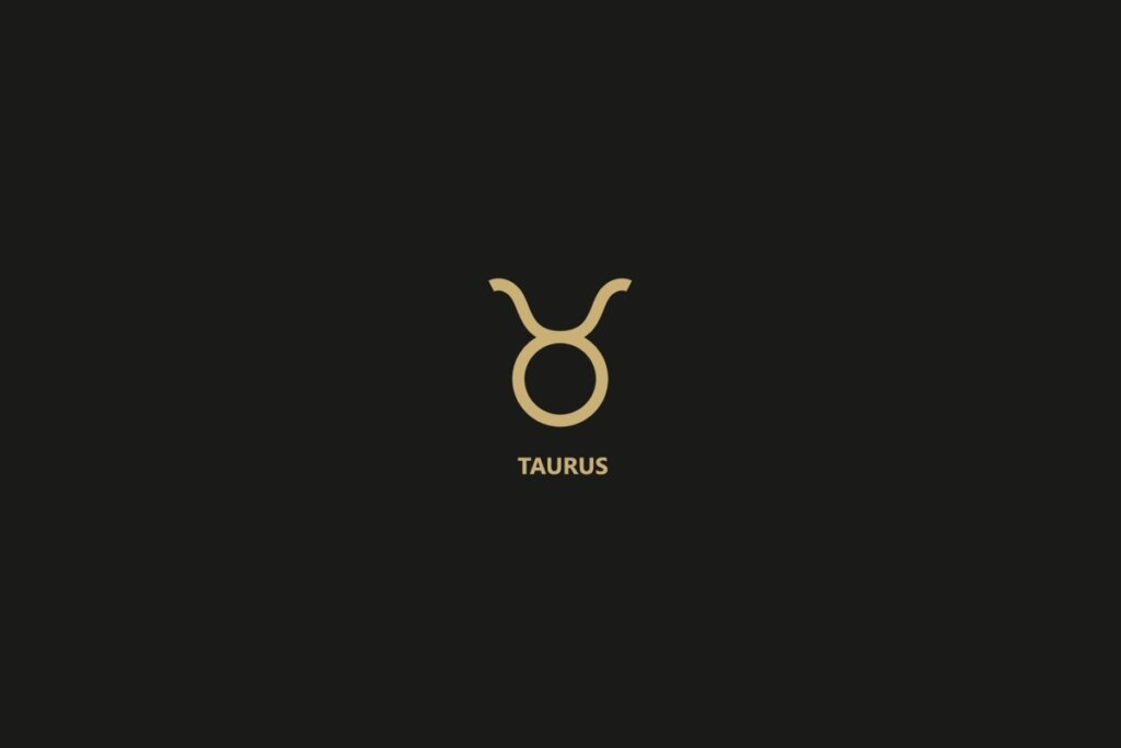 Ilustração do signo de touro sobre um fundo preto, com o nome do signo logo abaixo.