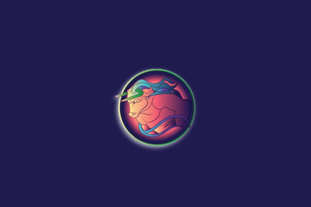 Ilustração do signo de touro em um círculo nas cores amarela, rosa e roxa sobre um fundo azul-escuro