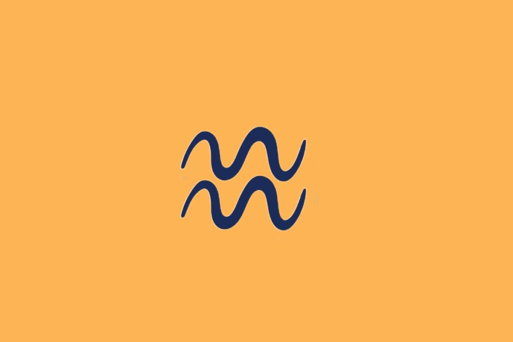 Ilustração do signo de Aquário, em fundo alaranjado, com duas linhas onduladas paralelas na cor azul-marinho