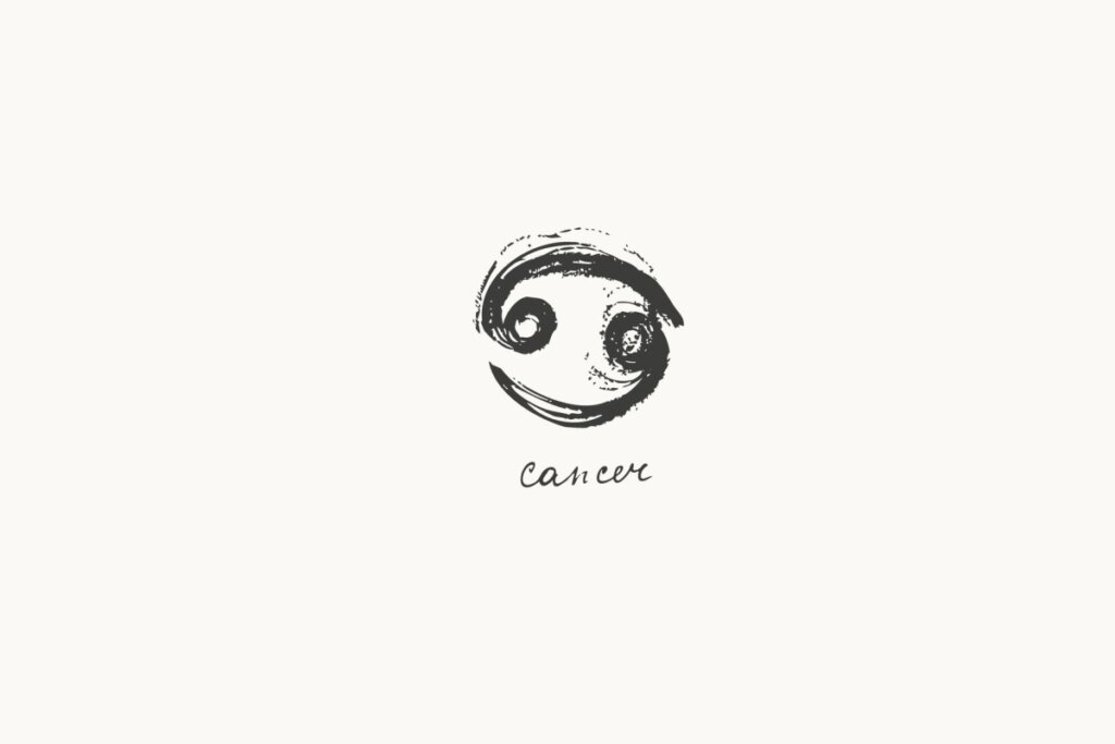Ilustração do signo de Câncer, composta por dois círculos com caudas curvas opostas, formando um símbolo semelhante ao número 69 deitado, em fundo claro