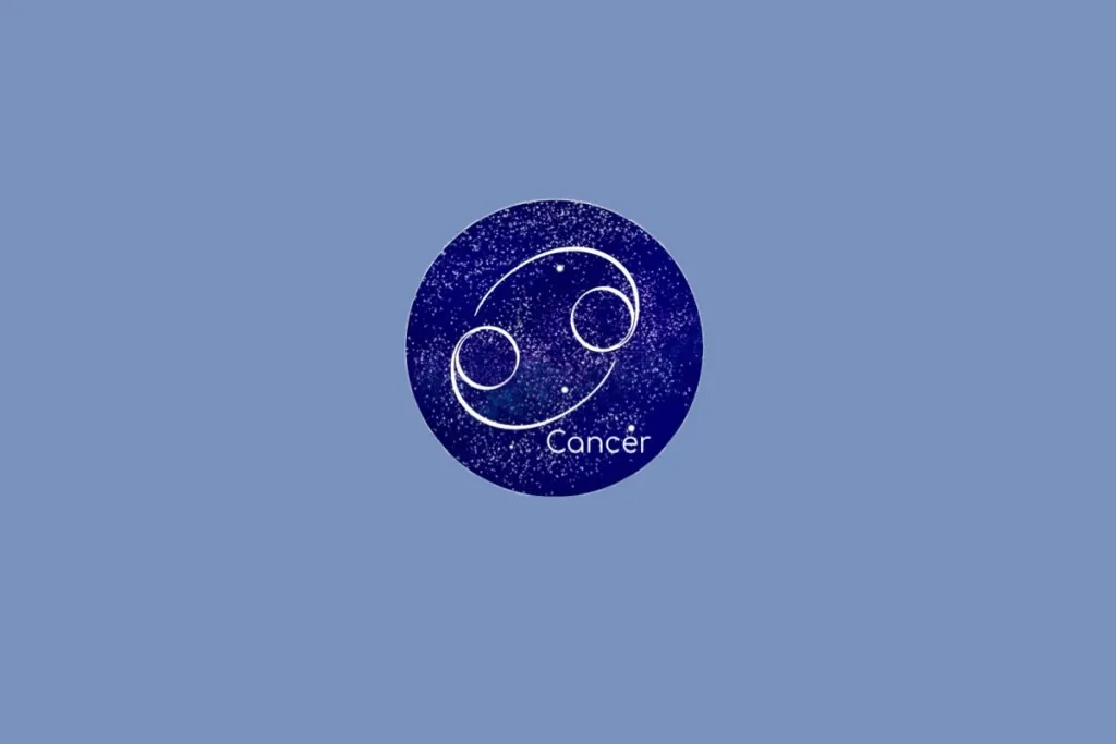 Ilustração do signo de Câncer contendo o símbolo com dois círculos interligados por curvas opostas em fundo azul