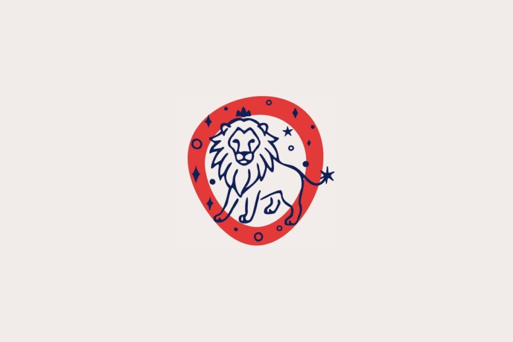 Ilustração do signo de Leão, em fundo bege-claro, contendo um leão com juba destacada e cauda levantada dentro de uma moldura vermelha