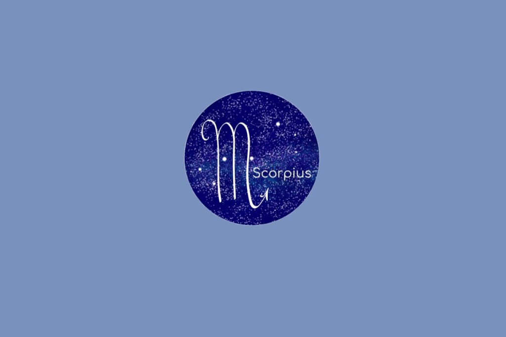 Ilustração do signo de Escorpião contendo o símbolo semelhante à letra M com seta curvada na extremidade em fundo azul