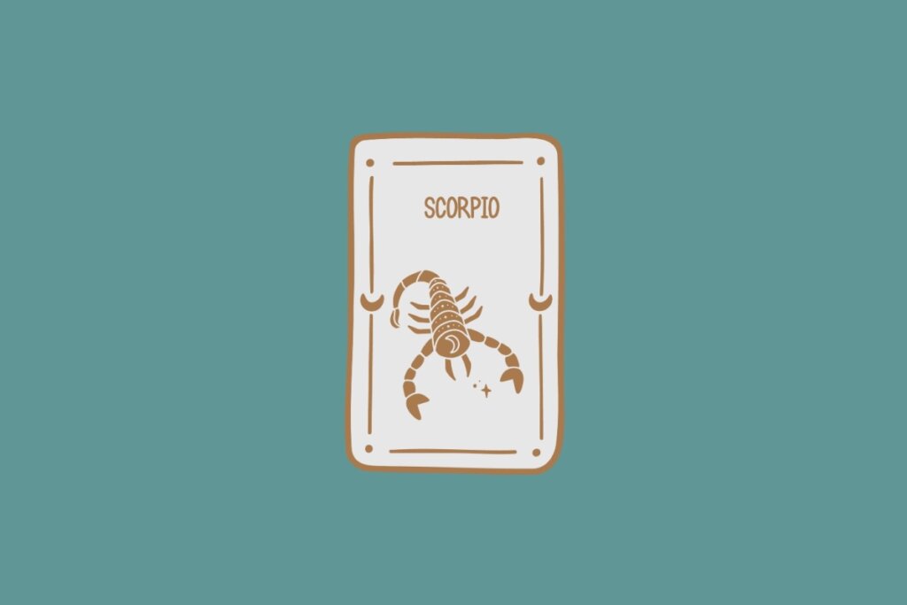 Ilustração do signo de Escorpião, em fundo verde-azulado, contendo um escorpião com cauda curva, pinças abertas e corpo segmentado