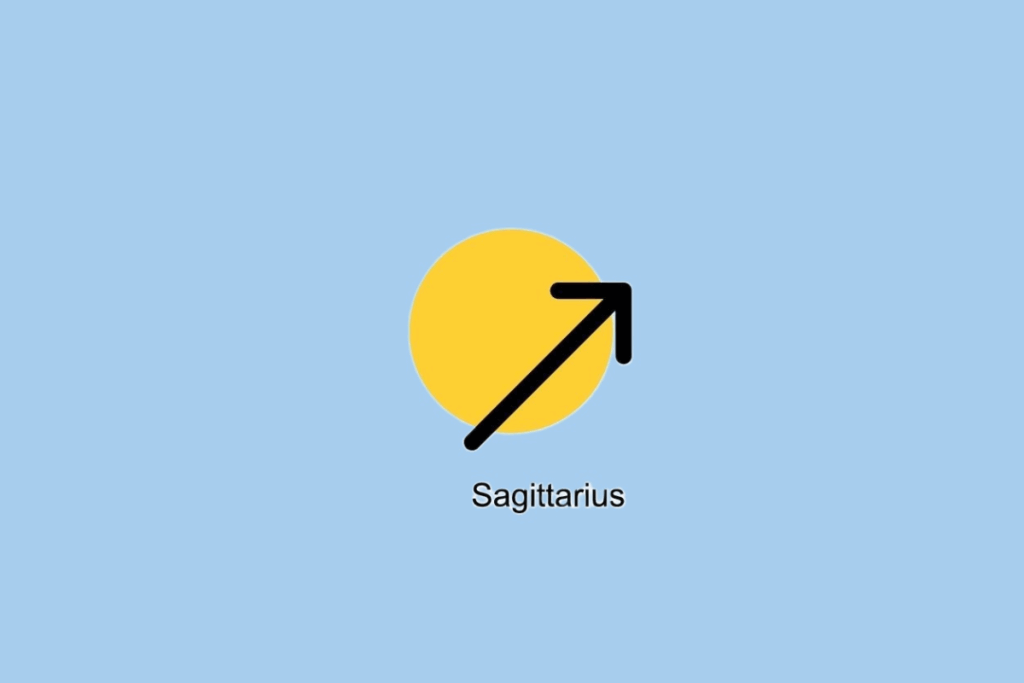 Símbolo do signo de Sagitário ao lado de círculo amarelo em fundo azul claro