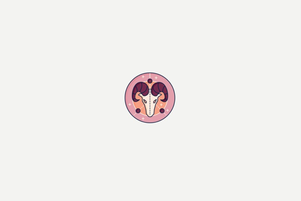 Ilustração de um carneiro dentro de um círculo rosa representando o signo de áries sobre fundo cinza
