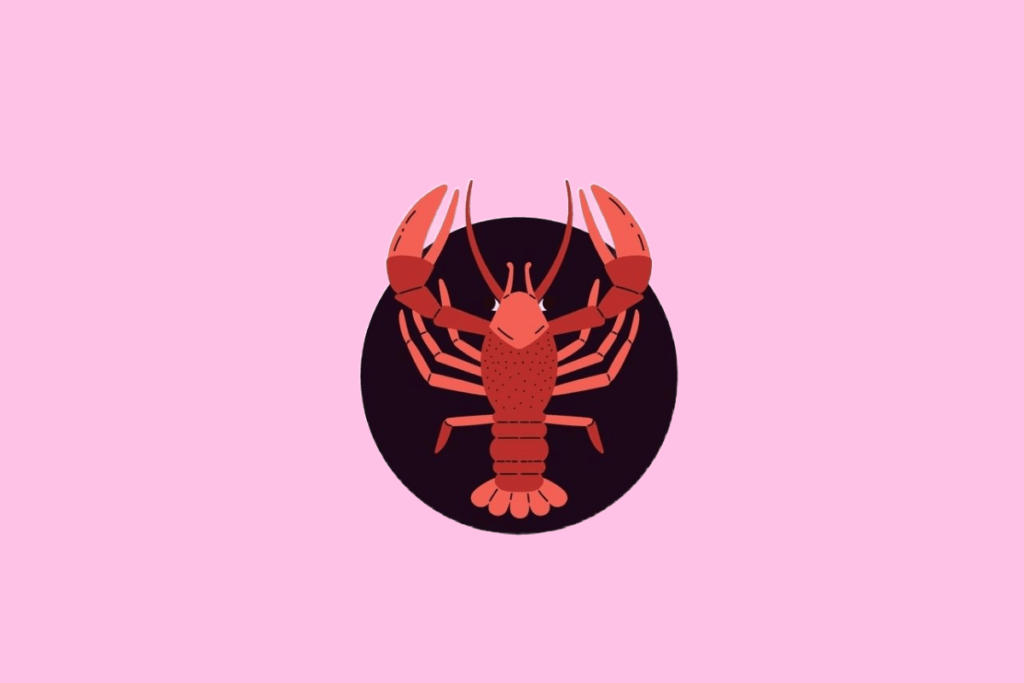Ilustração estilizada de um caranguejo de cor vermelha vibrante, vista de cima, com garras e patas detalhada