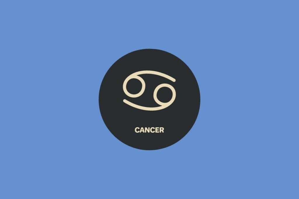 Círculo preto com ilustração bege do nome e símbolo do signo de câncer sobre fundo azul