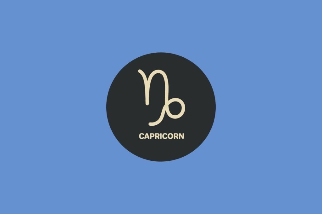 Círculo preto com ilustração bege do nome e símbolo do signo de capricórnio sobre fundo azul