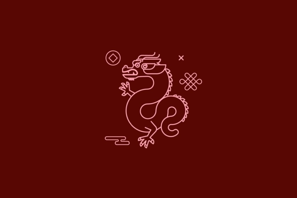 Ilustração minimalista em linhas cor-de-rosa de um dragão chinês sinuoso com garras e escamas, sobre um fundo bordô. Inclui um nó infinito e símbolos tradicionais ao lado.