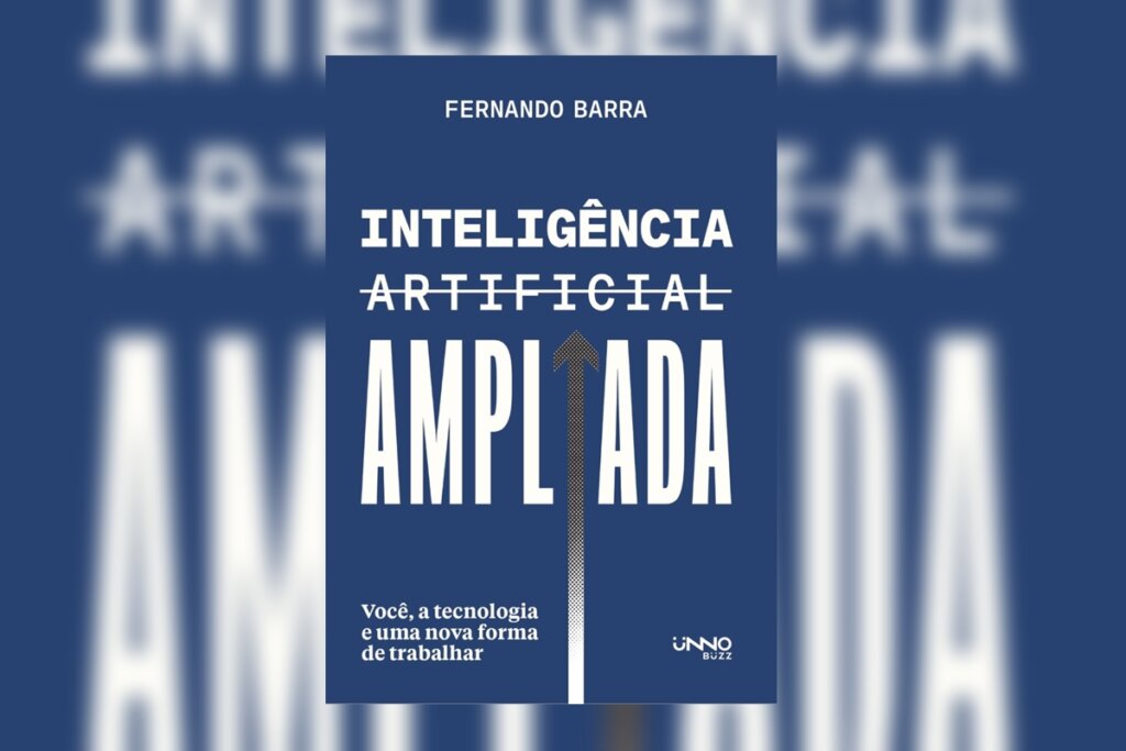 Capa do livro "Inteligência Artificial Ampliada", com o nome do livro em branco sobre um fundo azul-escuro