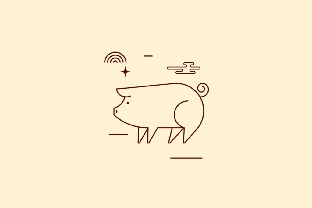 Ilustração minimalista em linhas marrons de um porco com rabo em espiral, sobre um fundo bege. Elementos decorativos lineares e uma pequena estrela cercam o animal.