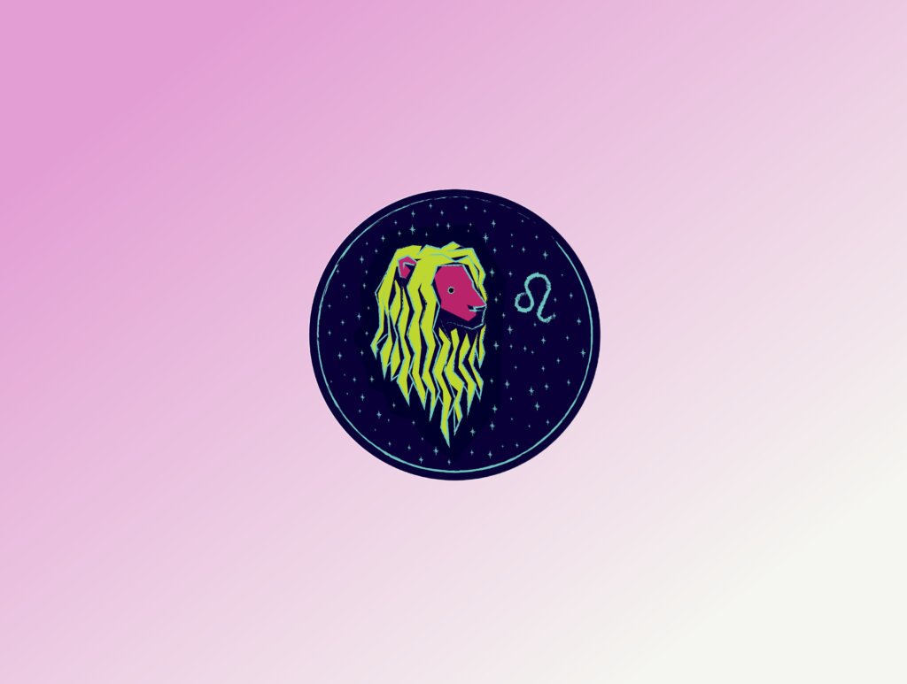 Ilustração estilizada em um círculo azul escuro com estrelas, focada na cabeça de um leão com rosto rosa e uma juba volumosa em tom amarelo neon. Ao lado, o símbolo astrológico de Leão. O fundo geral da imagem é um degradê rosa.