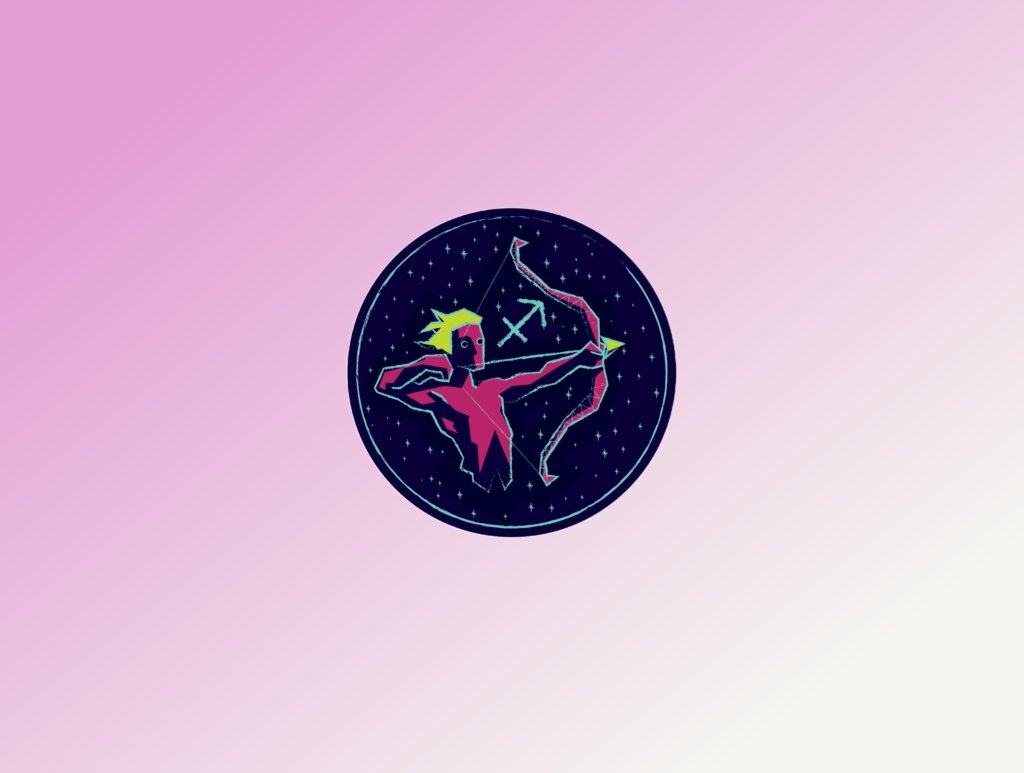 Ilustração estilizada em um círculo azul escuro com estrelas, representando um arqueiro de cor rosa vibrante com cabelos amarelos, puxando a corda de um arco. Ao lado, o símbolo astrológico de Sagitário. O fundo geral da imagem é um degradê rosa.
