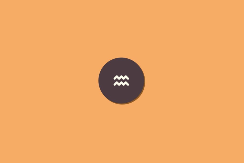 Ilustração do signo de aquário na cor branca, dentro de um círculo marrom, centralizado sobre um fundo laranja