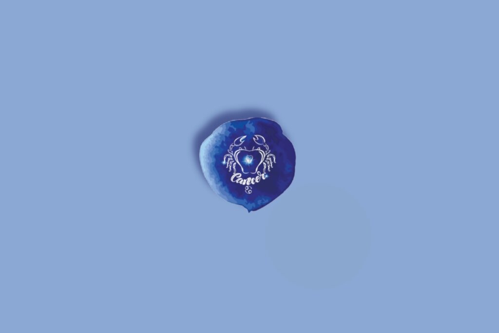 Ilustração do signo de câncer, dentro de um círculo azul-escuro, em um fundo azul-claro