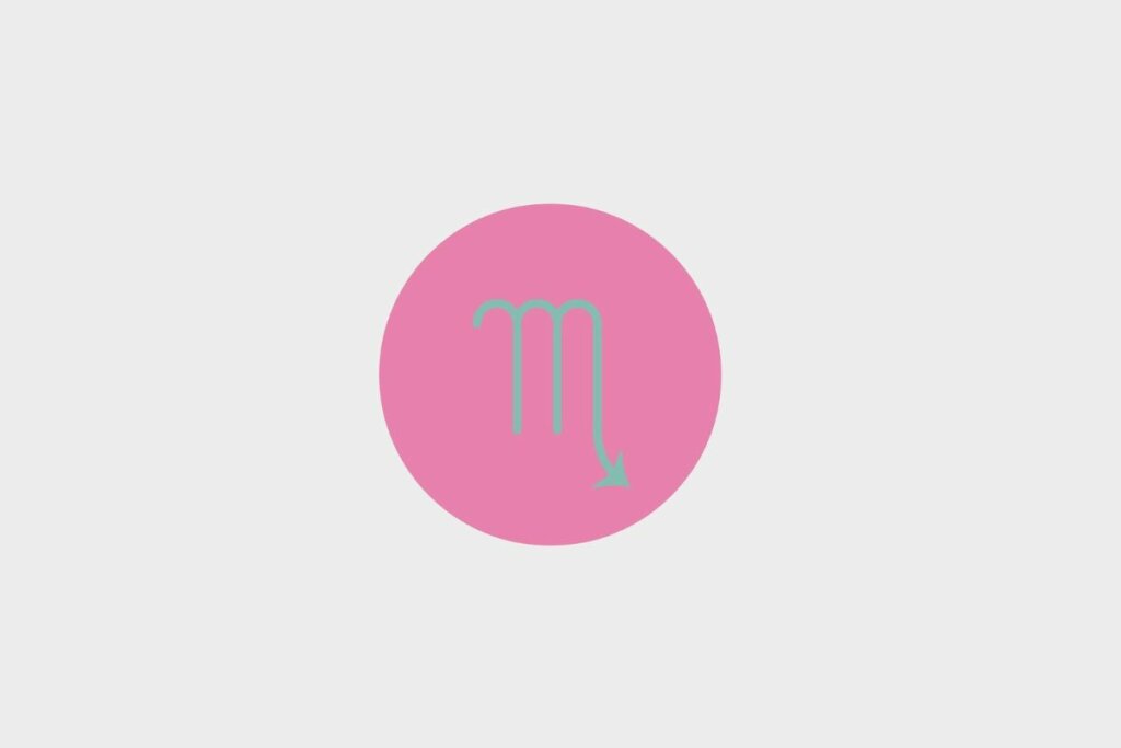 Ilustração verde do símbolo do signo de escorpião em círculo rosa sobre fundo cinza