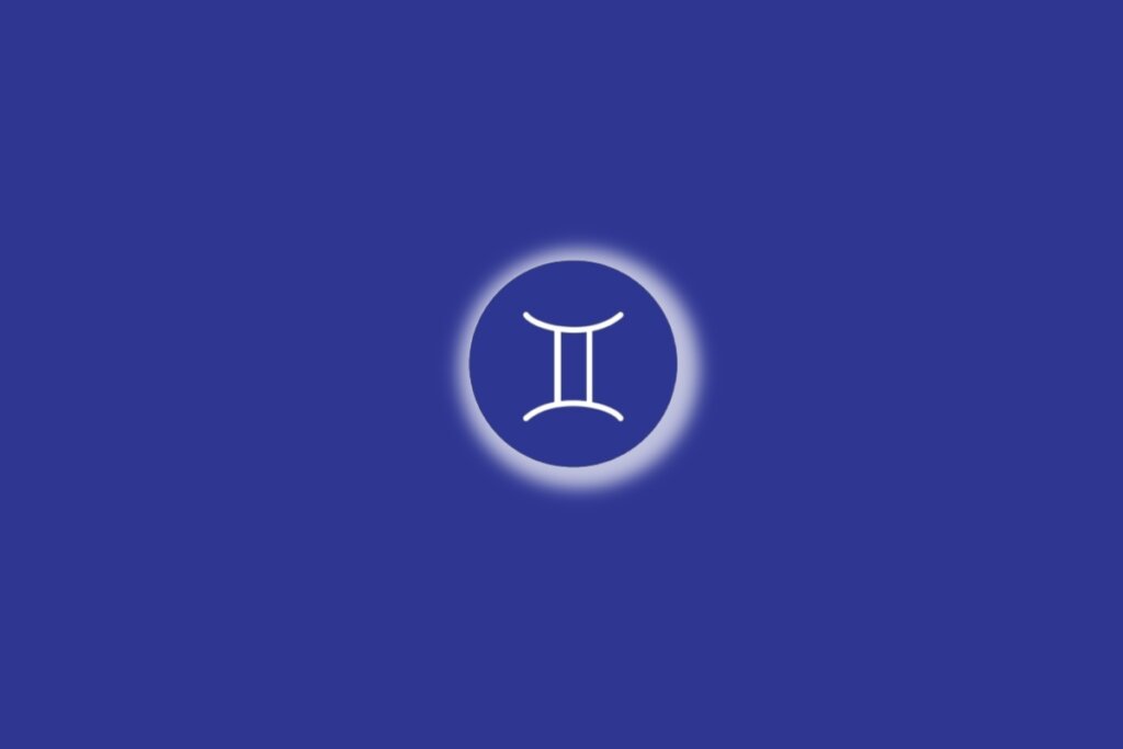 Ilustração do signo de gêmeos em um círculo azul, com luz branca ao redor, sobre um fundo azul