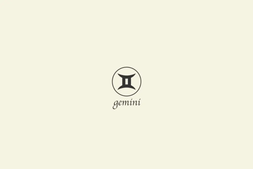 Ilustração do signo de gêmeos na cor preta, com um círculo em volta e o nome abaixo, sobre um fundo cinza