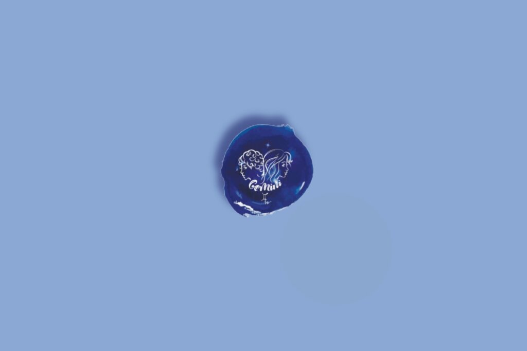 Ilustração do signo de gêmeos, dentro de um círculo azul-escuro, em um fundo azul-claro