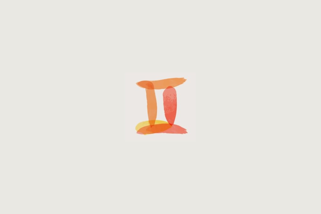 Ilustração do signo de gêmeos em laranja sobre um fundo cinza
