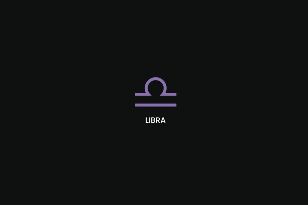 Símbolo do signo de libra na cor roxa, com o nome do signo embaixo, centralizado em um fundo preto