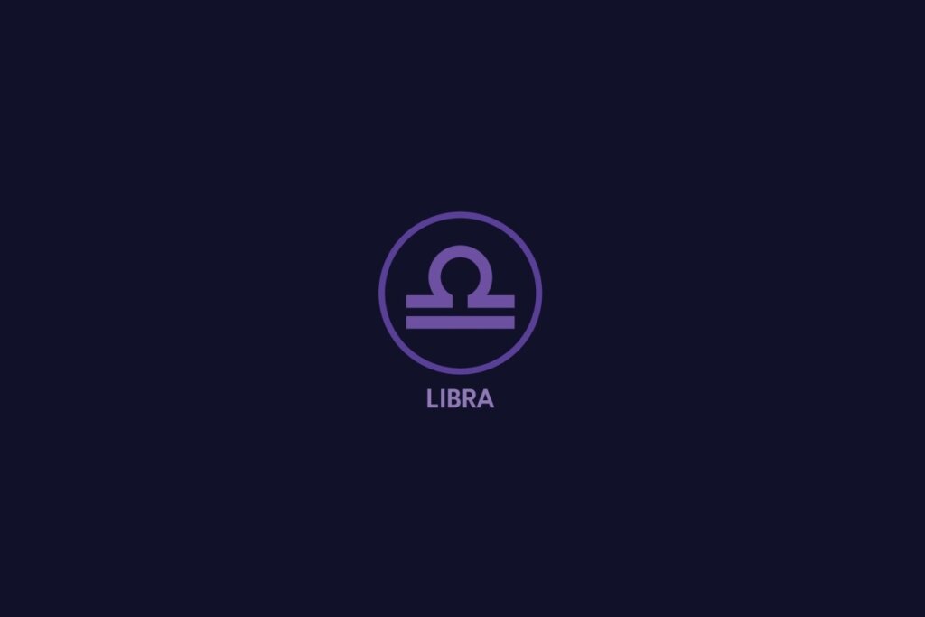 Ilustração do signo de libra na cor roxa, com círculo roxo ao redor e o nome do signo abaixo, sobre um fundo roxo