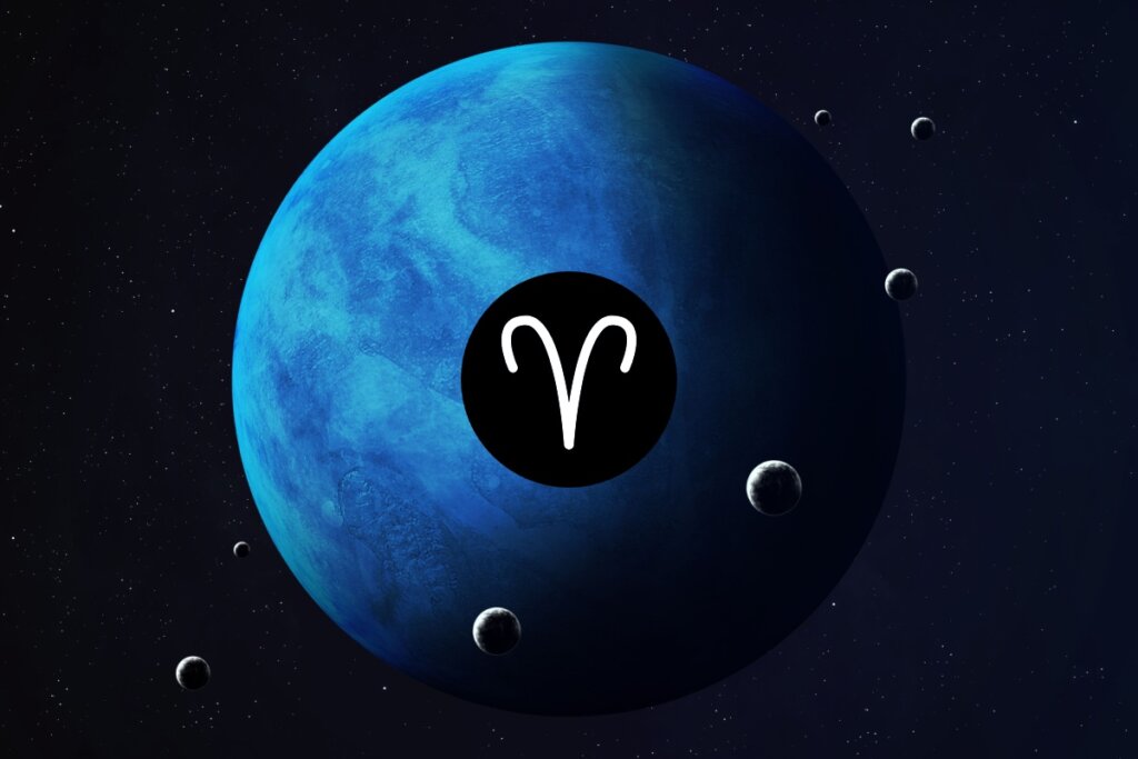 Planeta azul representando Netuno com o símbolo de Áries ao centro, em um cenário espacial com estrelas e outros corpos celestes