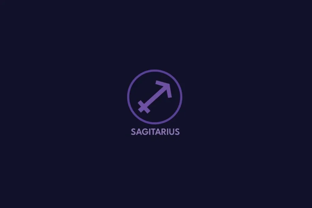 Ilustração do signo de sagitário na cor roxa, com círculo roxo ao redor e o nome do signo abaixo, sobre um fundo roxo