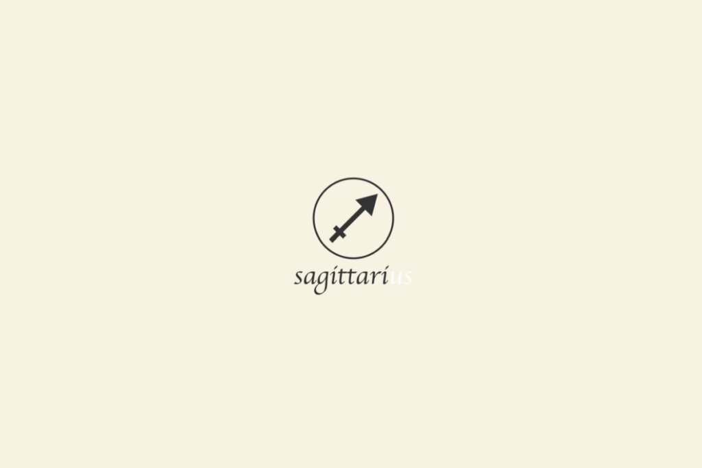 Ilustração do signo de sagitário na cor preta, com um círculo em volta e o nome abaixo, sobre um fundo cinza