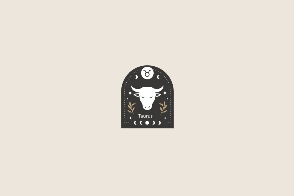 Símbolo estilizado do signo de Touro sobre um formato de arco preto. O fundo geral é bege-claro