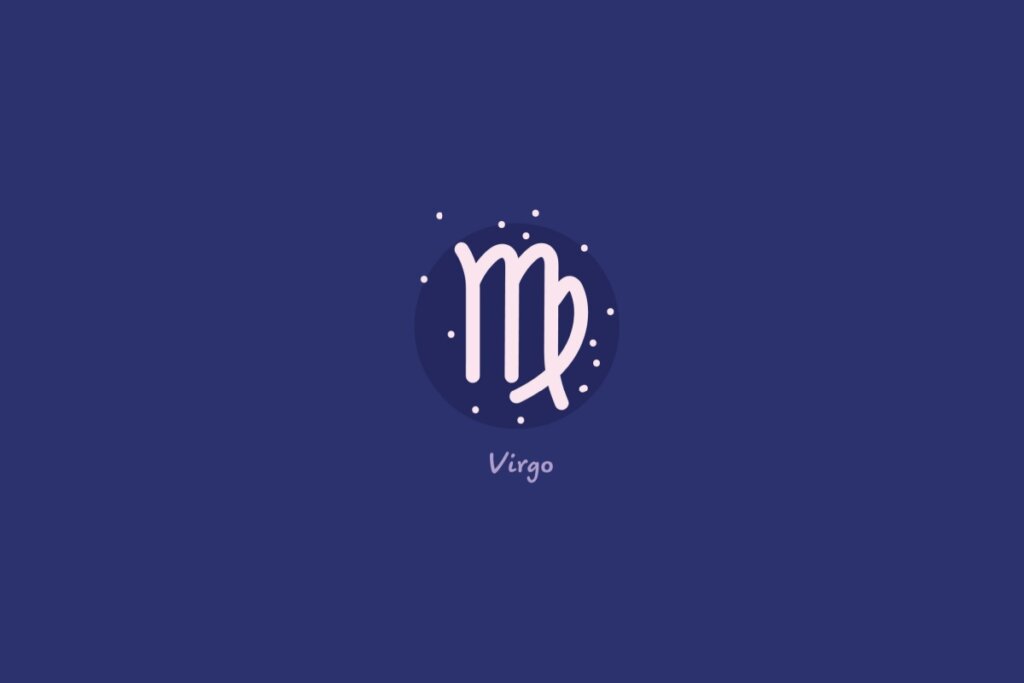 Ilustração do signo de virgem em um círculo azul-escuro, rodeado por estrelas, com o nome do signo abaixo, sobre fundo azul.
