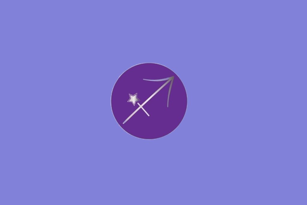 Ilustração do signo de Sagitário, contendo símbolo de seta diagonal apontando para cima com estrela, em fundo roxo
