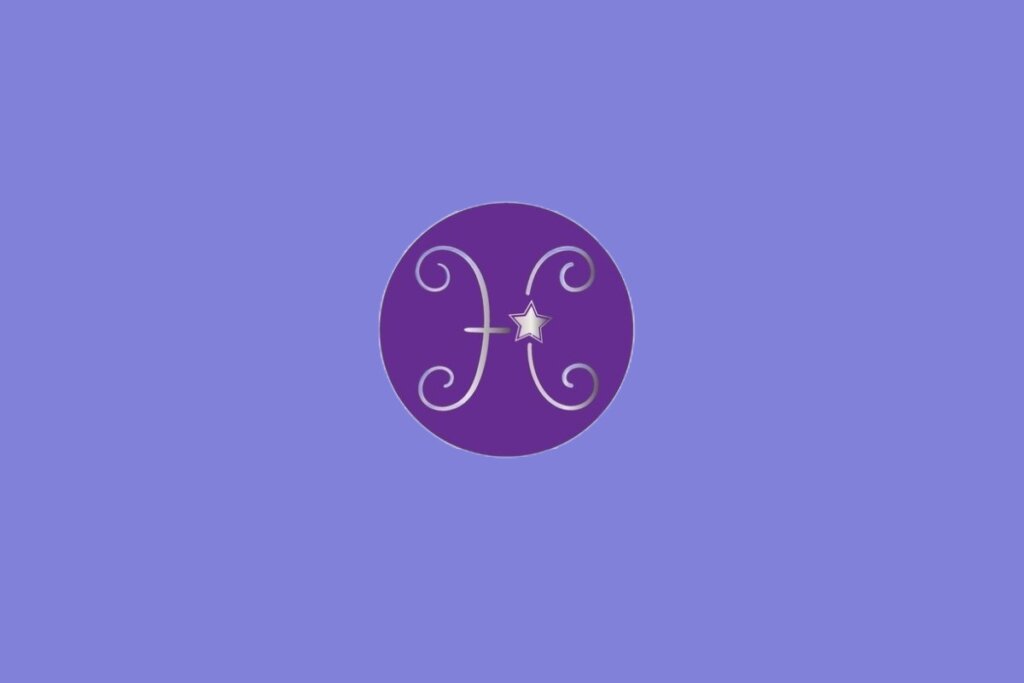 Ilustração do signo de Peixes, contendo símbolo com duas curvas opostas conectadas por traço central e estrela ao lado, em fundo roxo