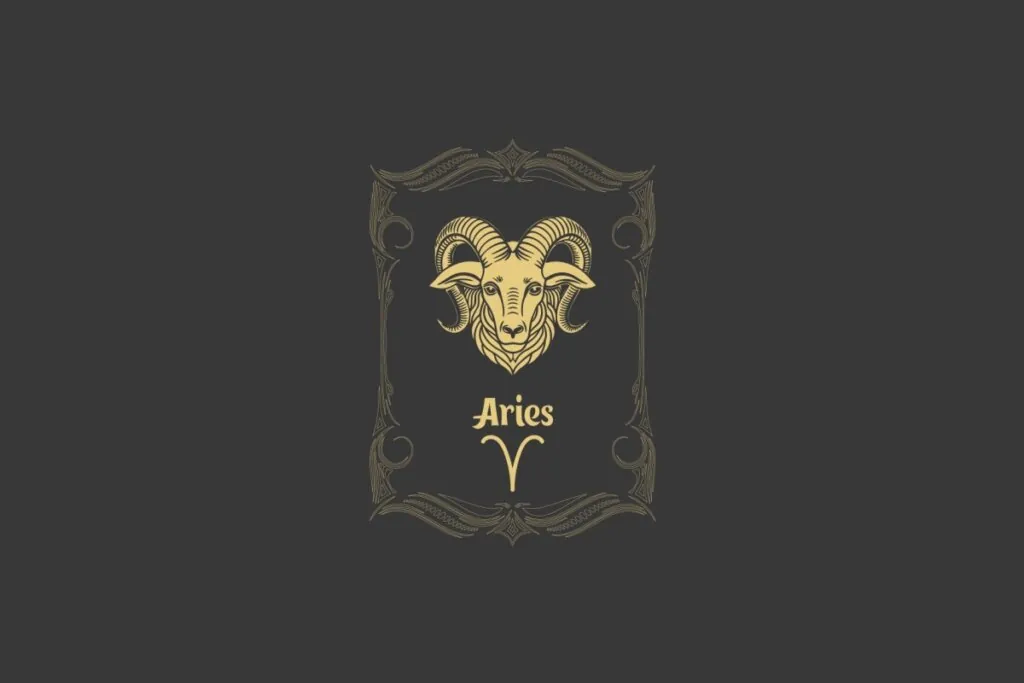 Ilustração do signo de Áries com a imagem de um carneiro dourado em um fundo cinza-escuro, emoldurado por ornamentos clássicos