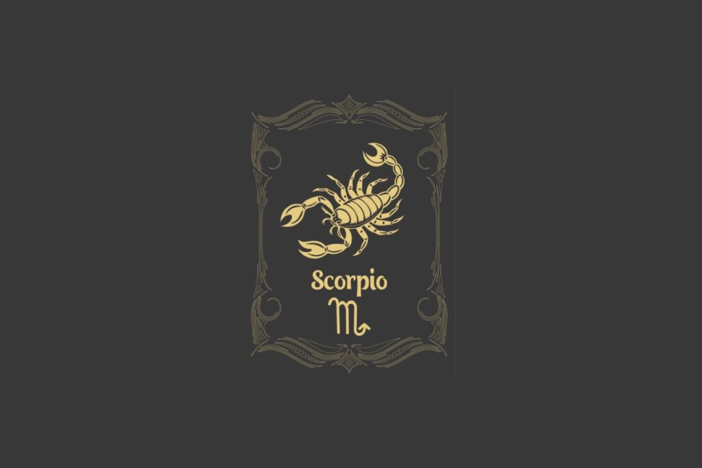 Ilustração do signo de Escorpião com a figura de um escorpião dourado, detalhado dentro de uma moldura clássica em fundo cinza-escuro