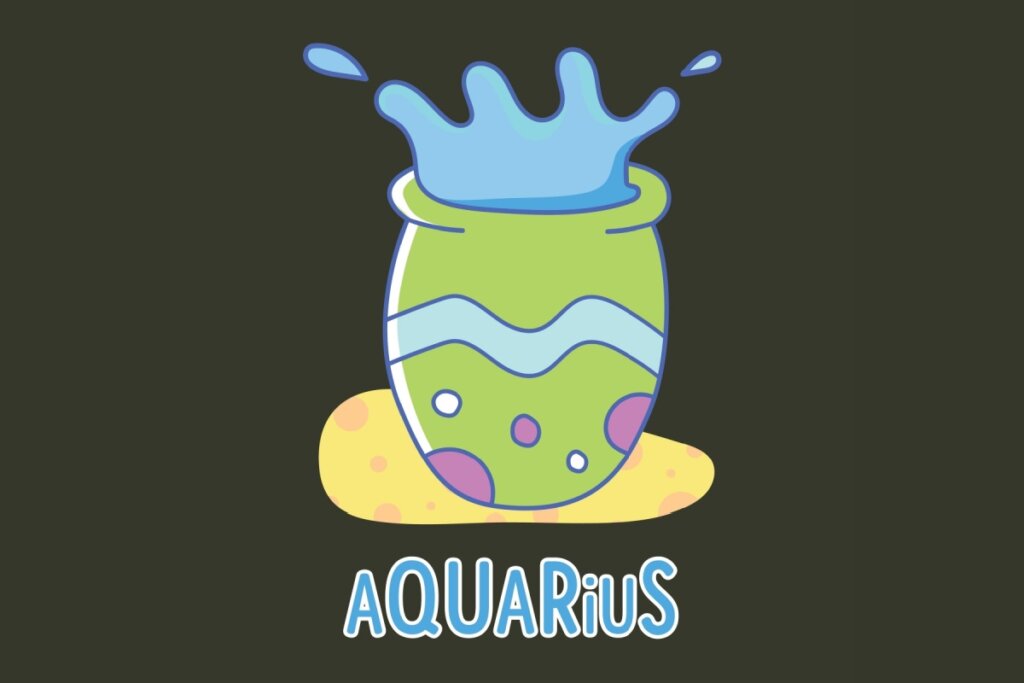 Ilustração do signo de Aquário. Um vaso ou jarro bojudo na cor verde-claro, decorado com uma faixa ondulada azul e círculos coloridos, está posicionado sobre uma superfície amarela que lembra areia. Do topo do jarro, transborda água azul de forma vibrante. Abaixo da imagem, a palavra "AQUARIUS" está escrita em letras azuis contornadas de branco.
