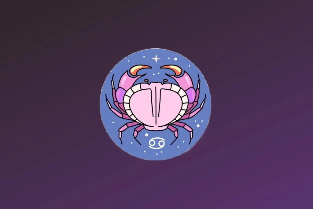 Ilustração do signo de Câncer. Um caranguejo estilizado em tons de rosa e roxo está centralizado no círculo azul. Ele possui grandes pinças levantadas e pernas finas detalhadas em preto e branco. O símbolo de Câncer está desenhado em branco no canto superior direito do círculo.