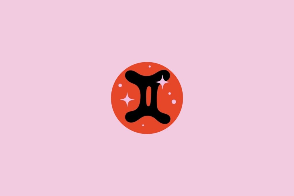 Ilustração do signo de Gêmeos dentro de um círculo laranja em um fundo rosa
