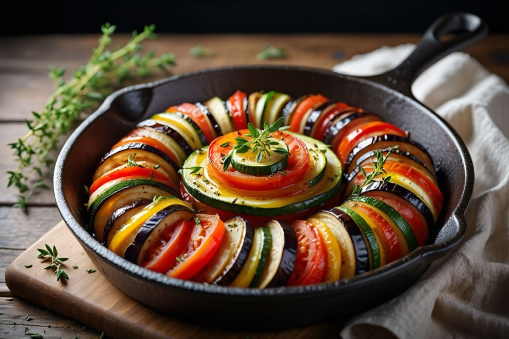 A imagem mostra um prato de ratatouille preparado com fatias finas de legumes como abobrinha, berinjela, tomate e pimentão, organizadas em formato circular dentro de uma frigideira. O prato é finalizado com ervas