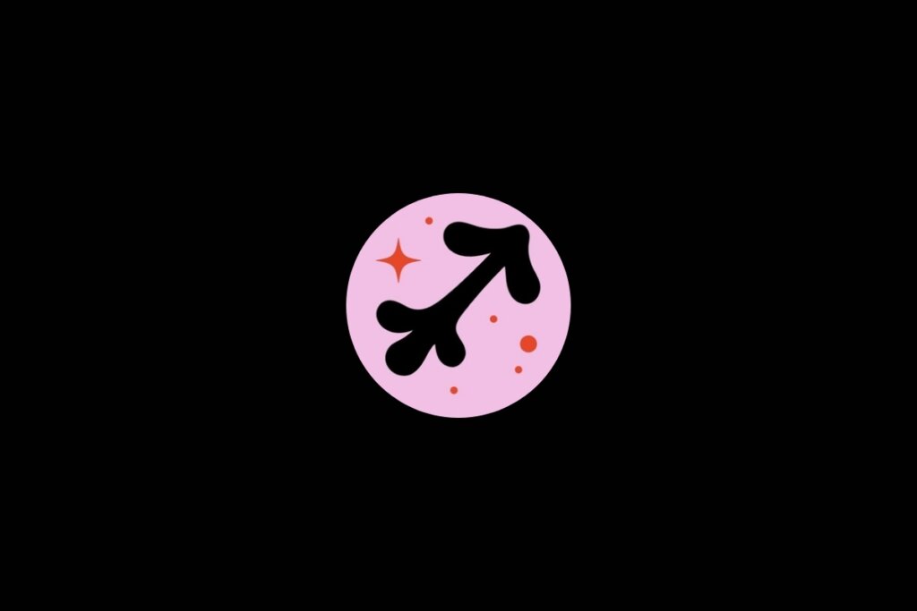 Ilustração do signo de sagitário dentro de um círculo rosa em um fundo preto