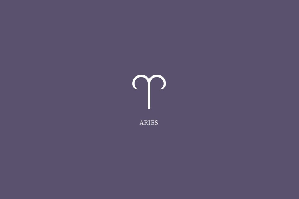 Ilustração do signo de áries, na cor branca e com o nome embaixo, centralizado em um fundo roxo 
