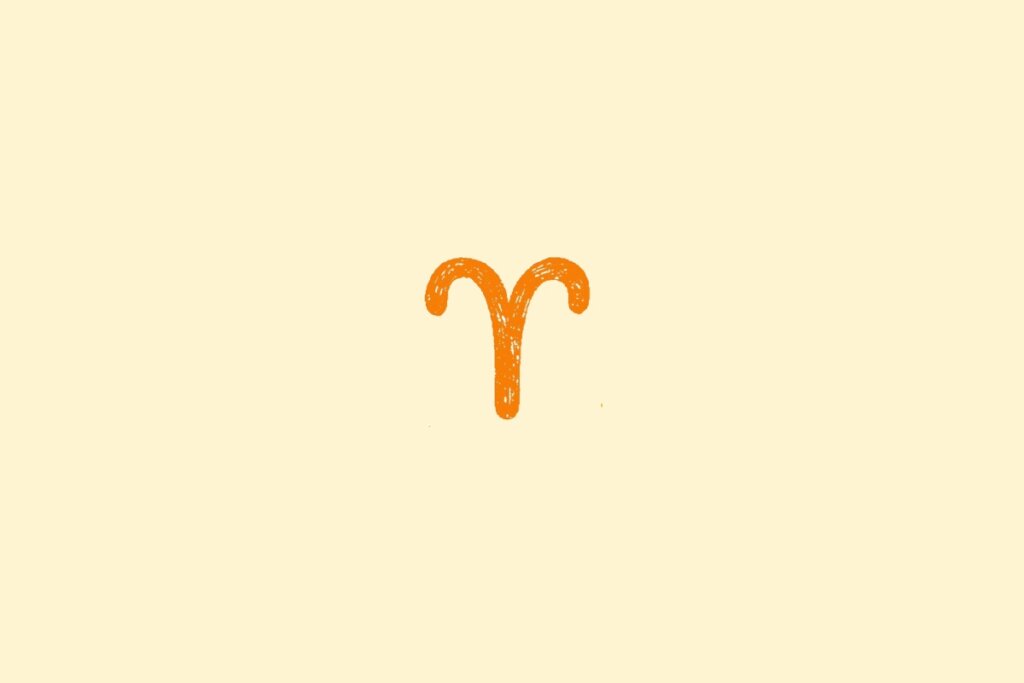 Ilustração do signo de áries na cor laranja, centralizado em um fundo amarelo