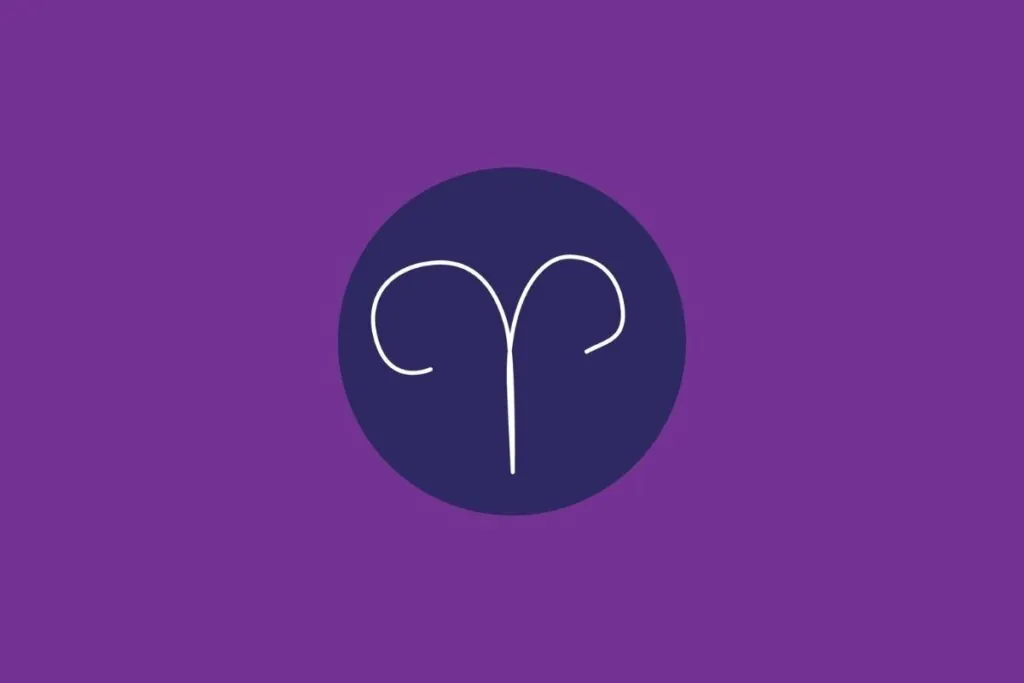 Ilustração do signo de áries, em um círculo azul-escuro, sobre um fundo roxo
